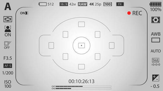 白色现代数码相机聚焦屏幕模板与视觉效果。 取景器无镜dslr或摄像摄像记录。 矢量插图