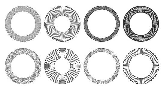一组手绘的圆形框架。 部落和地理装饰设计元素。 圆形装饰品。 手绘剪贴画。
