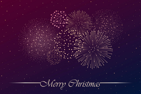 蓝色和紫色夜空背景上的烟火表演。 圣诞概念。 恭喜或邀请卡背景。 矢量插图