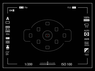 现代数字摄像机聚焦屏幕设置模板。 黑色取景器无镜面DSLR或摄像摄像记录。 矢量插图