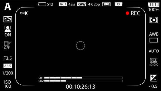 现代数字摄像机聚焦屏幕设置模板。 黑色取景器无镜面DSLR或摄像摄像记录。 矢量插图