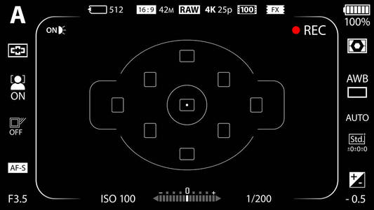 现代数字摄像机聚焦屏幕设置模板。 黑色取景器无镜面DSLR或摄像摄像记录。 矢量插图