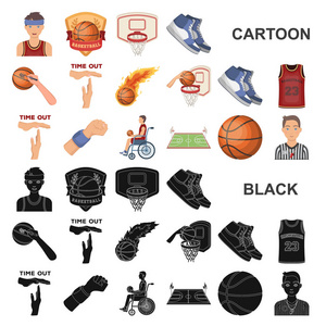 篮球和属性卡通图标集合中的设计。篮球运动员和设备矢量符号股票网站插图