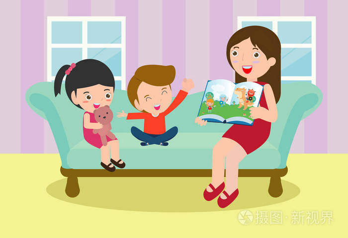 家人读和讲童话故事,孩子听妈妈讲故事矢量插画-正版商用图片13r201