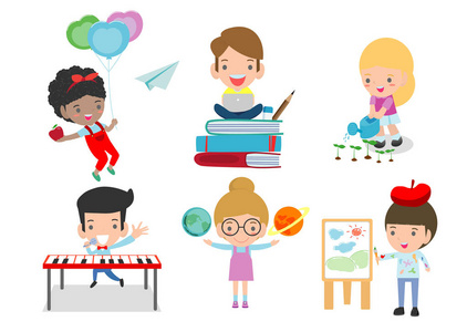 一套学校孩子在教育中，卡通孩子在教室里，孩子在玩耍，生活方式孩子上学回到学校矢量插图。