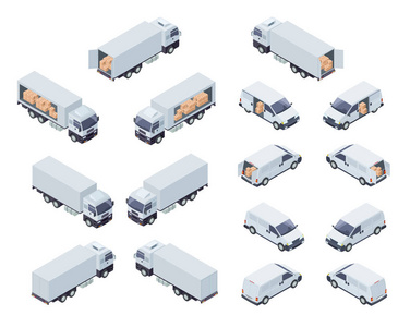 装载货物车辆等距向量图标集