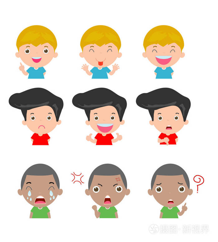 可爱的男孩的脸在白色背景表情上表现出不同的情绪儿童表情集