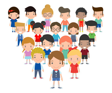 处于不利的地位一群儿童,男孩和女孩,快乐的孩子,卡通收藏者,白色背景