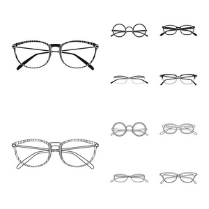 眼镜和框架符号的矢量设计。一套眼镜和附件矢量图标股票