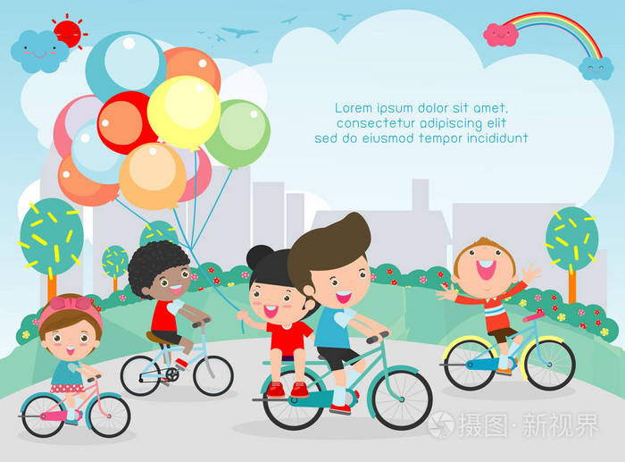 快乐的孩子骑自行车,孩子骑自行车,健康的自行车,和孩子们在公园里的