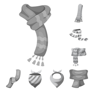 围巾和披肩图标的孤立对象。收集围巾和附件矢量图标的股票