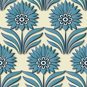 无缝浮雕装饰复古图案东方蓝色花园花叶。 理想的贺卡或背景模板设计