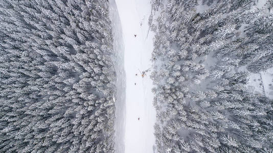 滑雪者乘坐的山上滑雪坡的鸟瞰图。