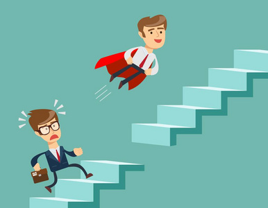 不可能的楼梯在红斗篷的超级商人飞上爬楼梯.