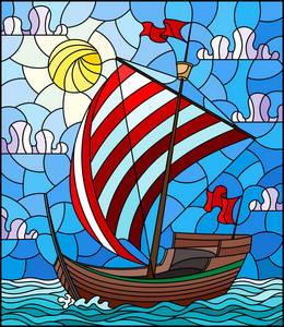 彩色玻璃风格的插图与古董船与条纹红帆对海天和太阳