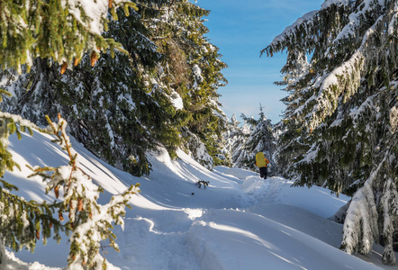 冬季徒步旅行。 游客正在雪山上徒步旅行。 山上美丽的冬季景观。