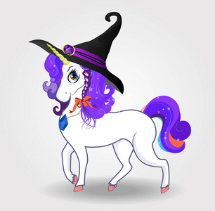 万圣节矢量插图可爱的卡通神奇独角兽人物与紫色头发在女巫帽子白色背景。 儿童T恤图案印花夹艺术贺卡晚会邀请函
