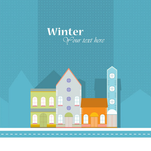 冬季背景。小城镇住宅建筑家庭街景与道路在冬季下雪。彩色明信片横幅设计模板。 矢量图。