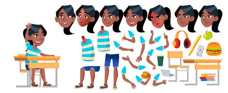 女孩女学生孩子向量。黑。美国黑人高中的孩子。动画创建集。面对情感, 手势。高中。年轻人, 脸, 开朗。动画。孤立插图
