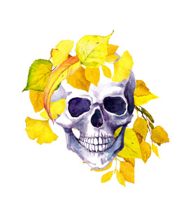 人的头骨, 黄色的秋叶。水彩插图