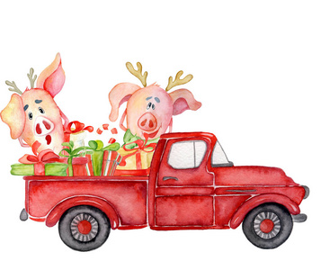 带着猪和礼物的红色圣诞卡车新年手绘水彩插图