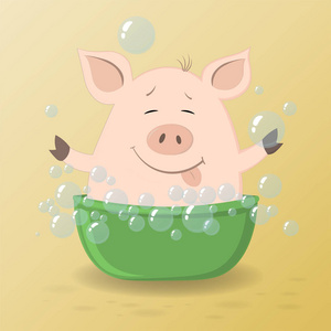 可爱的卡通小猪正在用肥皂泡洗澡。矢量图。