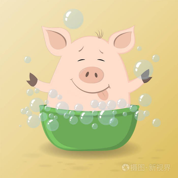 可爱的卡通小猪正在用肥皂泡洗澡.矢量图.