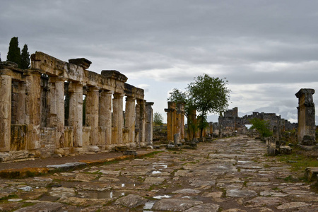 古罗马城市希阿拉波利斯的主要柱廊道路，位于阴天的土耳其帕穆卡莱温泉