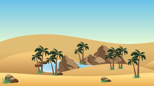 沙丘,湖泊和棕榈在绿洲,岩石.卡通或冒险游戏资产背景.矢量图照片