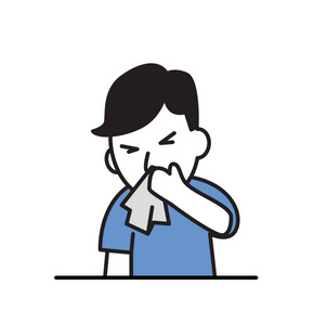 生病的男孩用手帕.卡通设计图标.平面矢量图.在白色背景下隔离照片