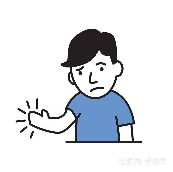 年轻人感到疼痛或麻木在他的手简单样式图标平面矢量图在白色背景下