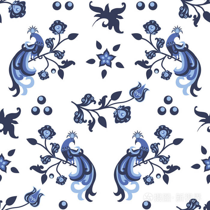 传统俄罗斯风格的无缝花卉图案,带有孔雀和花卉元素.
