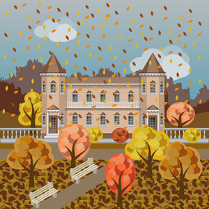庄园秋卡通童话城堡或富有庄园的秋季景观与五颜六色的树木和落叶.
