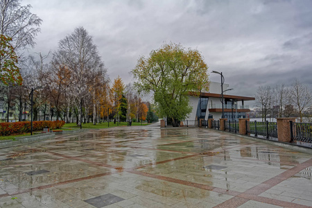城市池塘的堤岸在一个多雨的秋日，尼兹尼塔吉尔斯维尔德洛夫斯克地区乌拉尔