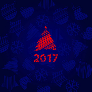 剪影的中风圣诞树红色查出的蓝色背景与雪花和铭文2017的纹理。海报派对请柬和其他卡片的样本。向量例证