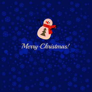 动画片雪人在蓝色背景与雪花和歌词圣诞快乐。海报派对请柬礼品包装纸等卡片的样品。向量例证