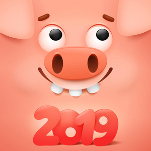 新年快乐，2019年横幅卡，可爱卡通猪字矢量插图