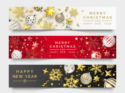 三圣诞节水平横幅与闪亮的雪花, 丝带, 明星和五颜六色的球。新的一年和圣诞节卡片插图在浅色和深色背景