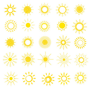 阳光向量阳光明媚的图标与黄色的阳光和阳光光热图形设计插图集的明亮旭日天气标志日落或日出查出的白色背景