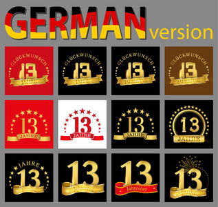 系列十三13年庆祝设计。 周年金号模板元素为您的生日聚会。 译自德国贺年纪念日