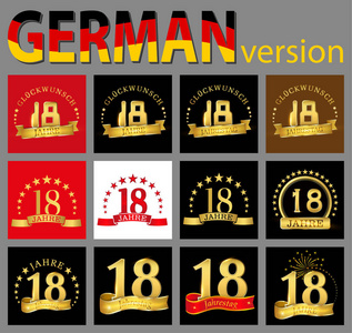 系列十八18年庆祝设计。 周年金号模板元素为您的生日聚会。 译自德国贺年纪念日