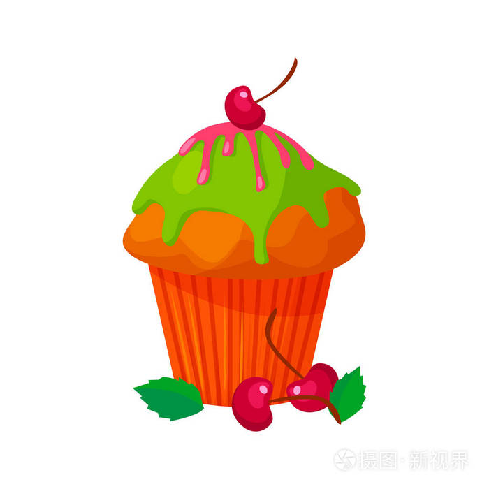 向量动画片样式甜蛋糕的例证.用樱桃装饰的美味甜食甜点.