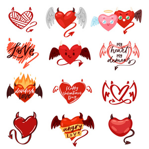 恶魔心脏向量爱红色的甜心与爱情人节卡片例证可爱的浪漫集合自然邪恶