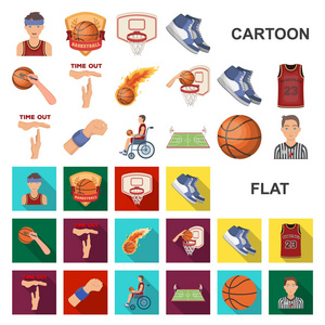 篮球和属性卡通图标集合中的设计。篮球运动员和设备矢量符号股票网站插图
