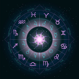 插图与星座圆圈生肖符号和象形文字占星术行星在星空背景与几何图案.