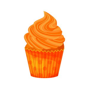 向量动画片样式甜蛋糕的例证。用橙色奶油装饰的美味甜点。在白色背景查出的松饼