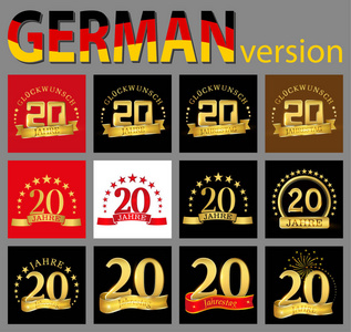 一套二十20年庆祝设计。 周年金号模板元素为您的生日聚会。 译自德国贺年纪念日