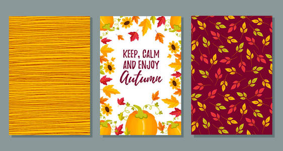 一套秋季销售传单模板与刻字, 橙叶。秋季促销。海报横幅卡片标签等设计。矢量插图