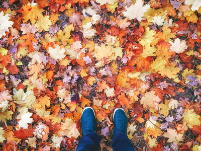 秋叶背景下户外运动鞋中的男腿图片