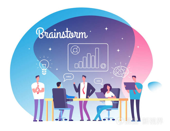 头脑风暴的概念.人们在车间开会.业务成功, 团队思考启动和灵感触发向